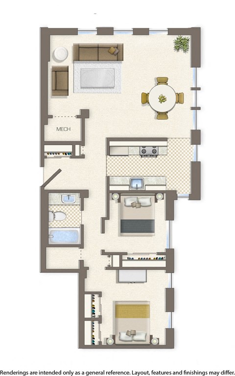 Floor plan for 2 beds, 1 bath, 910 sqft